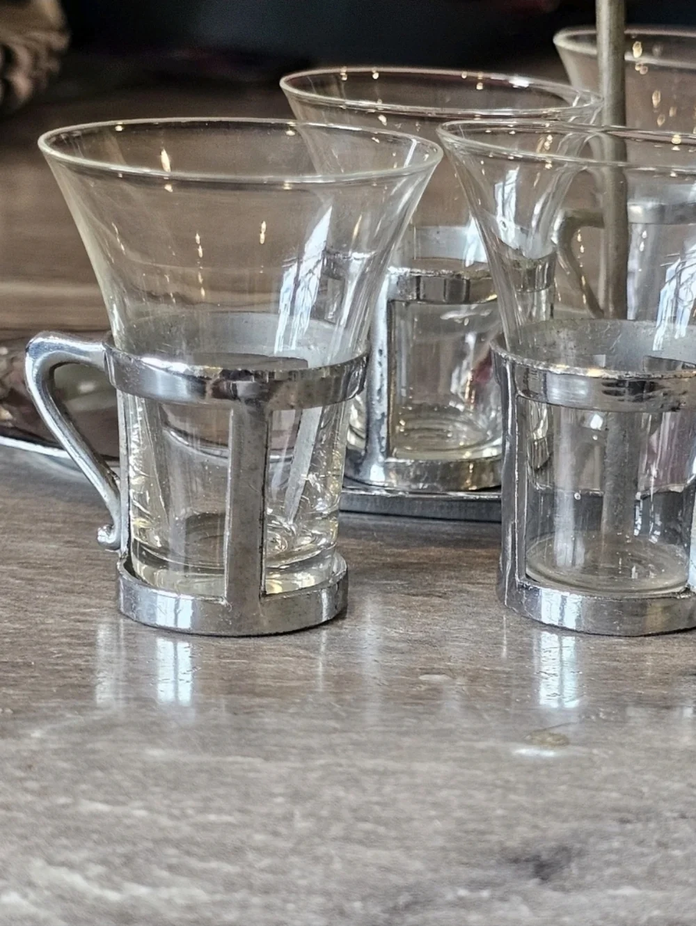 MCM Cordial Shot‎ Glass Set Silver Handles W Tray Osaka Japan 6 Pc Set 50s 60s